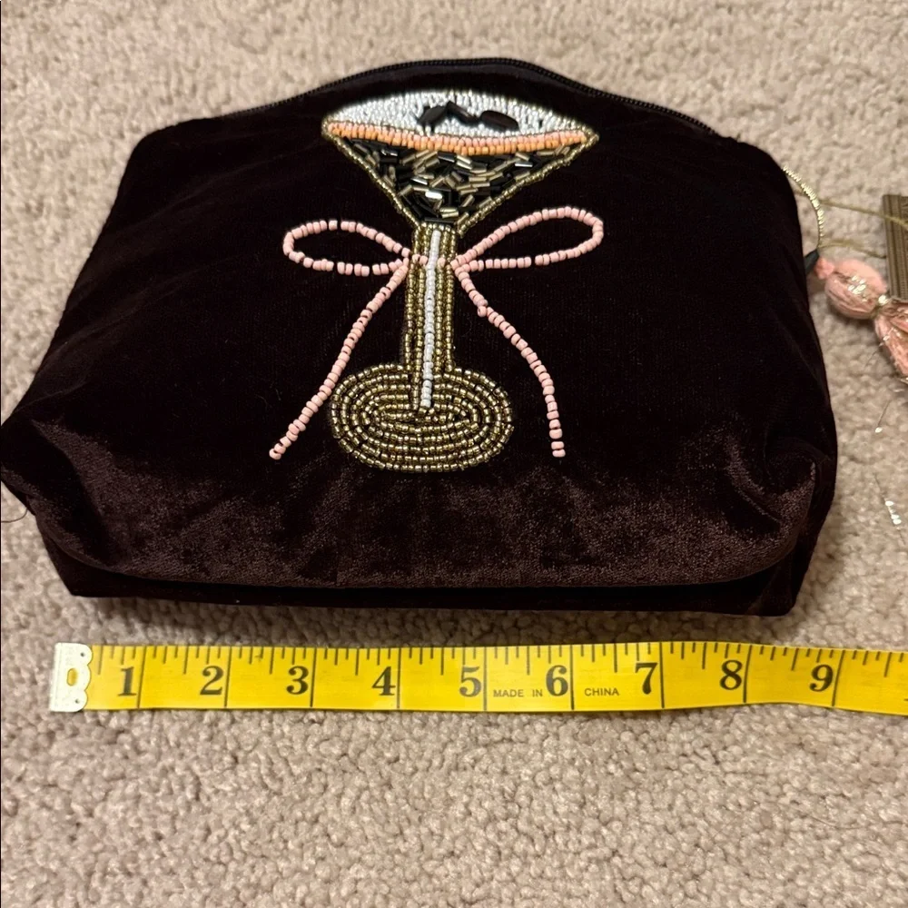 Brown Espresso Martini Velvet Cosmetic Bag with Beaded Cocktail Design Pink New